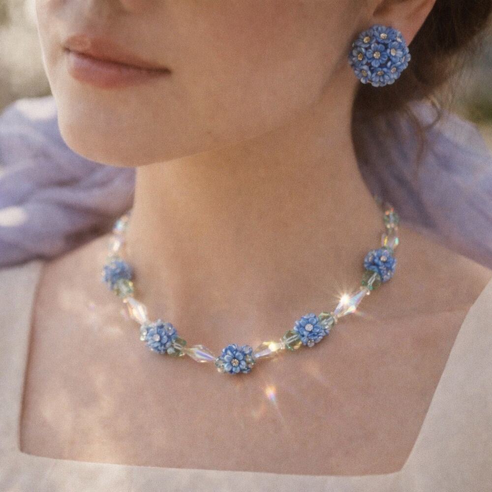 Vintage Vendome Blue Lucite Flower Necklace Earring Set AB Crystal Demi Parure